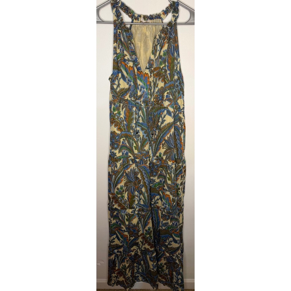 House of Harlow 1960 Paisley Floral Tiered Maxi Dress Blue Orange Cream Womens M